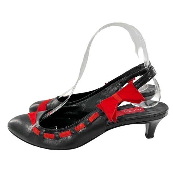 Marc Jacobs kitten heels size 7.5 black Italian leather red suede bow Y2k - Picture 3 of 13